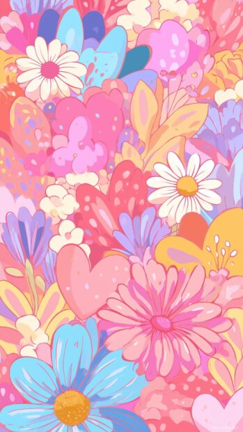 Pastel girly wallpaper, whimsical floral patterns with vibrant colors and cute cartoon elements.