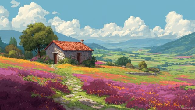 Peaceful Desktop HD Wallpaper, An Idyllic Countryside Scene Featuring A Small Cottage Surrounded By Blooming Fields
