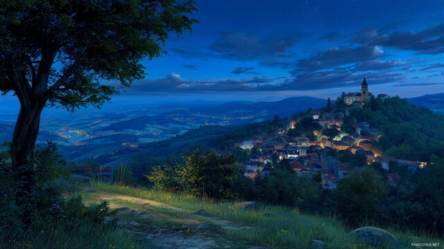 Peaceful Desktop HD Wallpaper Free Download, A Calming Scene Of A Quiet Hilltop Overlooking A Sleepy Village At Dusk