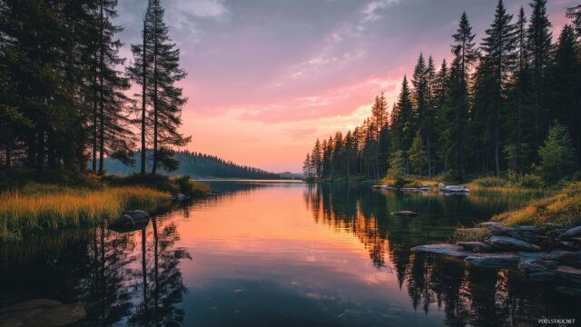 Peaceful Desktop Wallpaper Full HD, A Calming View Of A Quiet Lake Surrounded By Lush Forests At Sunset