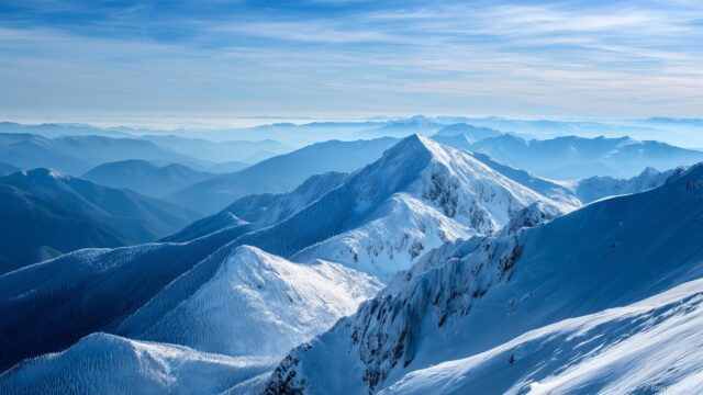 Peaceful Desktop Wallpaper High Resolution, A Gentle Mountain Range Covered In Snow With A Clear Blue Sky