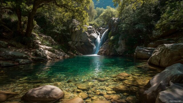 Peaceful Full HD Desktop Wallpaper, A Refreshing Waterfall Cascading Into A Crystal Clear Pool Surrounded By Rocks