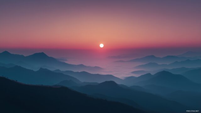 Peaceful HD Wallpaper For PC, A Beautiful Sunrise Over Misty Mountains Creating A Tranquil Atmosphere