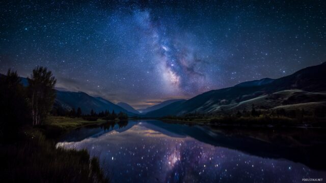 Peaceful Ultra HD Desktop Wallpaper, A Mesmerizing Starry Night Sky Over A Calm River Reflecting The Stars