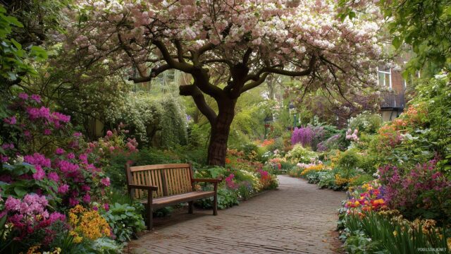 Peaceful Wallpaper, A Picturesque Garden Filled With Colorful Flowers And A Wooden Bench Under A Flowering Tree