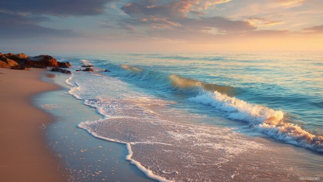 Peaceful Wallpaper HD For Mac, A Soothing Beach Scene With Gentle Waves Lapping At The Shore During Golden Hour