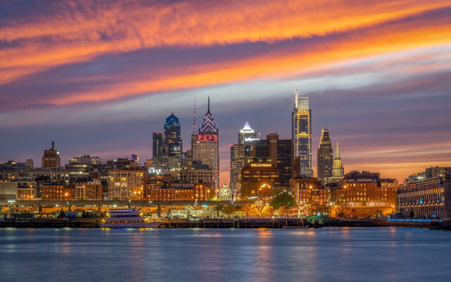 Philadelphia Skyline Wallpaper 2K Desktop, Philadelphia Skyline At Sunset With Colorful Sky And City Lights Reflecting On The Water