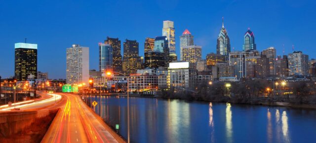 Philadelphia Skyline Wallpaper 2K Desktop, Philadelphia Skyline At Twilight With City Lights And Reflective River View