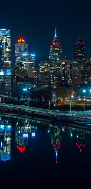 Philadelphia Skyline Wallpaper 2K Phone, Philadelphia Skyline Reflected On River At Night With Illuminated Skyscrapers
