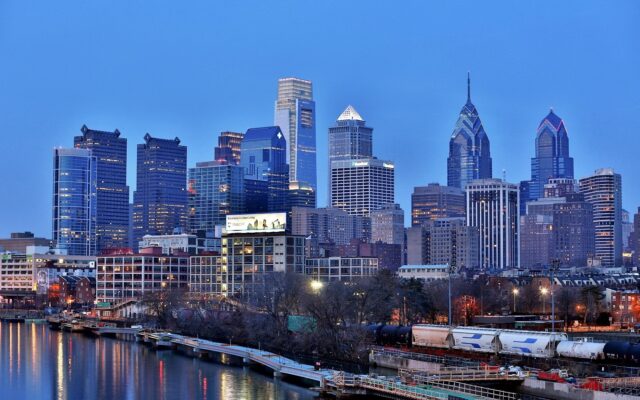 Philadelphia Skyline Wallpaper HD Desktop, Philadelphia Skyline At Dusk Reflecting On The River With City Lights And Skyscrapers
