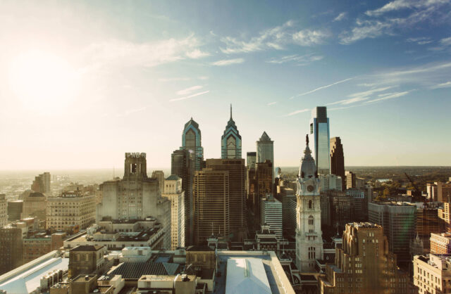Philadelphia Skyline Wallpaper HD Desktop, Philadelphia Skyline View With Iconic Skyscrapers Under Clear Sky In The Afternoon