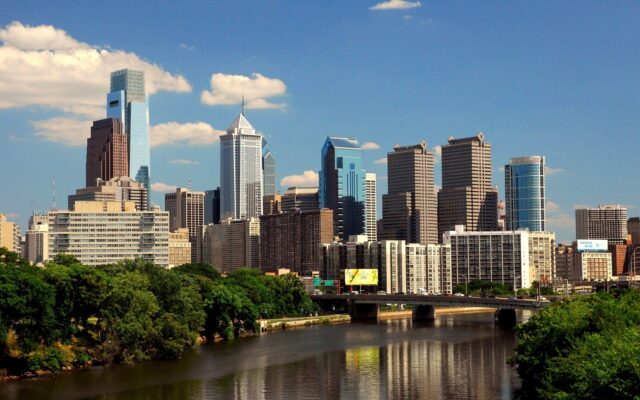 Philadelphia Skyline Wallpaper HD Desktop, Philadelphia Skyline With City Buildings And River View Under Clear Blue Sky