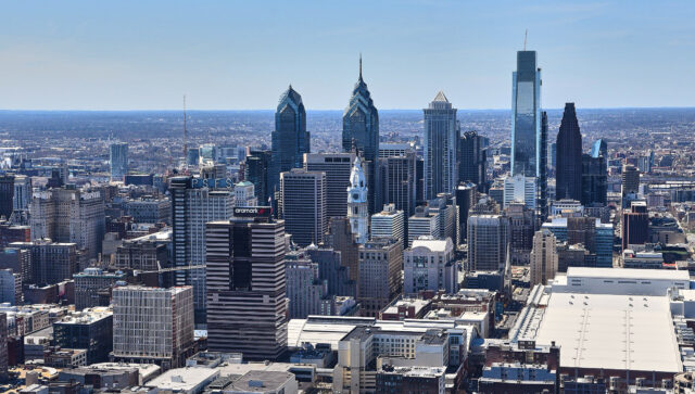 Philadelphia Skyline Wallpaper HD Desktop, Philadelphia Skyline With Iconic Skyscrapers And Clear Blue Sky View
