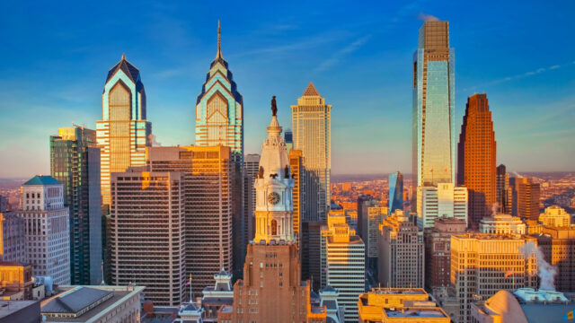 Philadelphia Skyline Wallpaper HD Desktop, Philadelphia Skyline With Iconic Skyscrapers At Sunset View