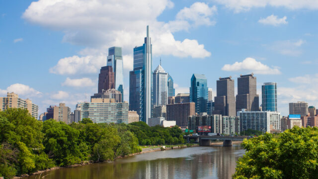 Philadelphia Skyline Wallpaper HD Desktop, Philadelphia Skyline With Schuylkill River And Green Trees Under Blue Sky