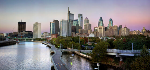 Philadelphia Skyline Wallpaper HD Desktop, Philadelphia Skyline With Schuylkill River And Walking Path At Sunset