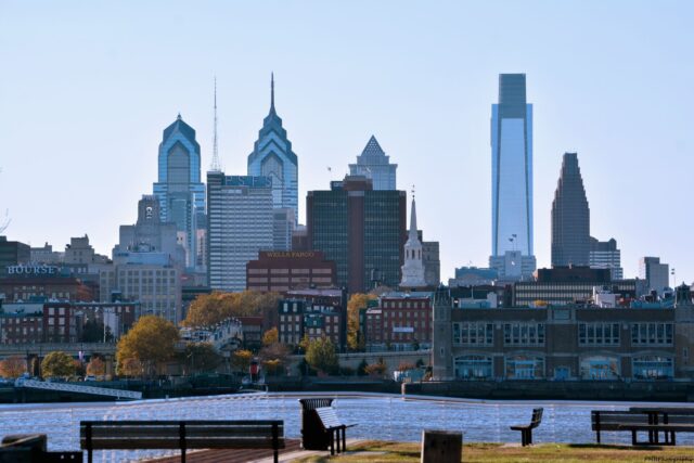 Philadelphia Skyline Wallpaper HD Desktop, Philadelphia Skyline With Skyscrapers Reflected On River At Clear Day