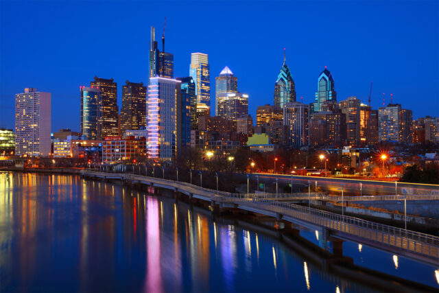 Philadelphia Skyline Wallpaper HD Desktop, Philadelphia Skyline At Twilight With River Reflections And Illuminated Skyscrapers