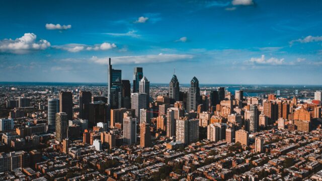 Philadelphia Skyline Wallpaper HD Desktop, Philadelphia Skyline Aerial View With Modern Skyscrapers Under Blue Sky