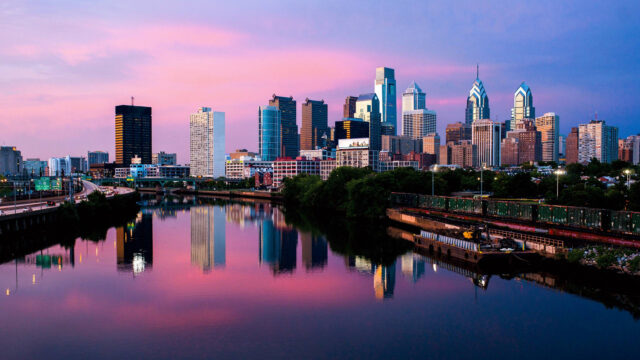 Philadelphia Skyline Wallpaper HD Desktop, Philadelphia Skyline Reflected On River At Stunning Sunset With Vibrant Pink And Blue Sky