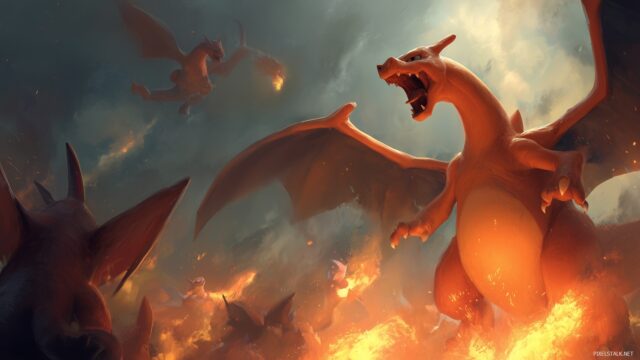 Pokemon Charizard HD Desktop Background For Gamers, An Action Packed Scene Where Charizard Battles Other Pokemon In A Dramatic Showdown