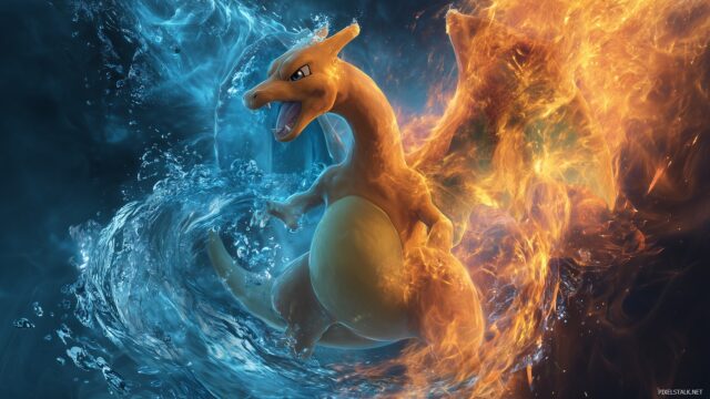 Pokemon Charizard HD Desktop Background For Gamers, Charizard Displayed With Elements Of Fire And Water In Harmony