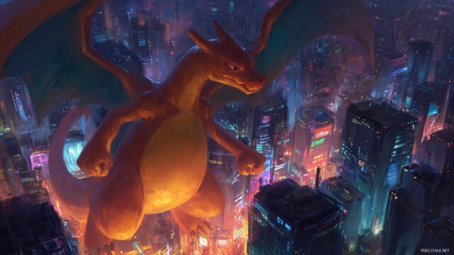 Pokemon Charizard HD Desktop Background For Gamers, A Sleek And Aggressive Charizard Amidst Futuristic City Lights