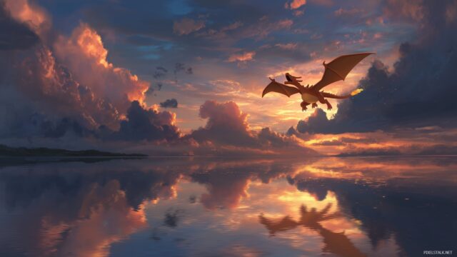 Pokemon Charizard HD Desktop Background Free, Charizard Flying Over A Tranquil Lake Reflecting The Sky