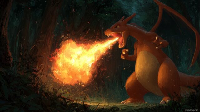 Pokemon Charizard HD Desktop Background High Resolution, Charizard Unleashing A Powerful Flamethrower In A Dark Forest (2)
