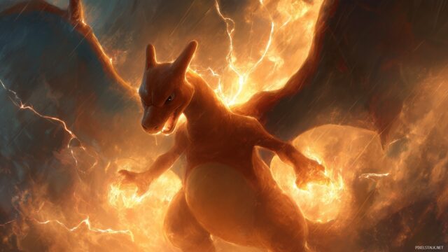 Pokemon Charizard HD Desktop Wallpaper, Charizard Surrounded By A Storm Of Fire And Lightning, Creating A Dynamic Ambiance