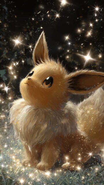 Pokemon Eevee Phone Wallpaper, A Digitally Painted Eevee Surrounded By Sparkling Stars And A Night Sky, Evoking A Magical Atmosphere