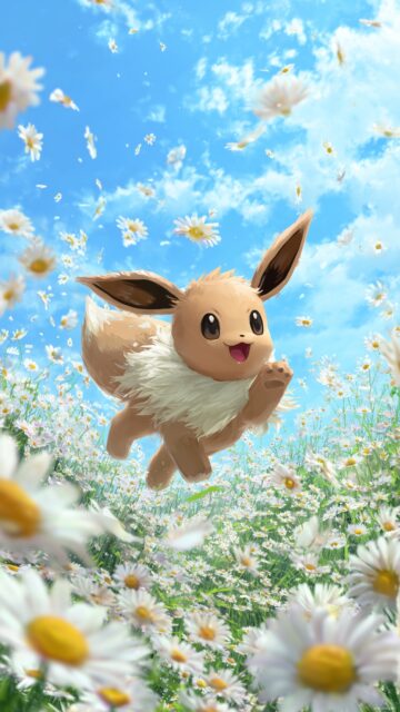 Pokemon Eevee Phone Wallpaper, A Playful Image Of Eevee Jumping Through A Field Of Daisies, Surrounded By A Bright And Cheerful Atmosphere