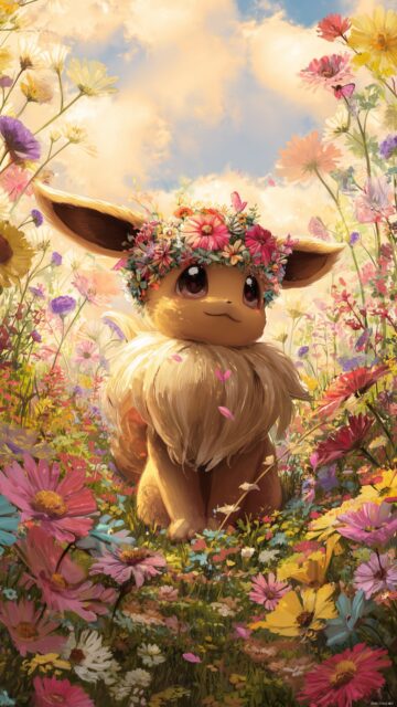 Pokemon Eevee Phone Wallpaper, A Whimsical Eevee Dressed In A Flower Crown, Surrounded By A Colorful Landscape Of Blooms And Sunshine