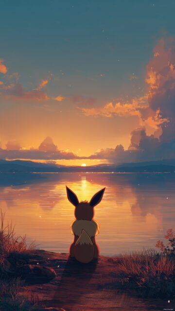 Pokemon Eevee Phone Wallpaper HD, A High Definition Scene Of Eevee Overlooking A Serene Lake During Sunset, Reflecting Warm Colors And Tranquility