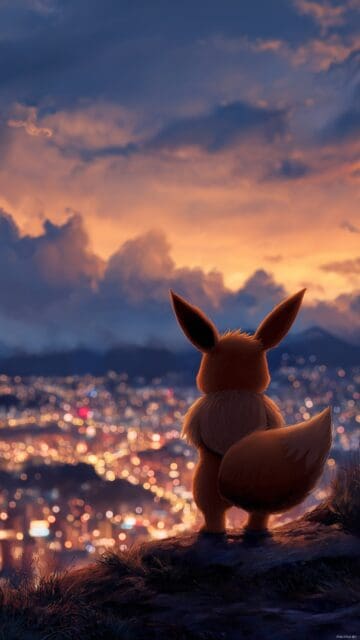 Pokemon Eevee Phone Wallpaper HD, A Vibrant Image Of Eevee Standing Atop A Hill, Gazing At A Distant Cityscape, Showcasing Adventure And Curiosity