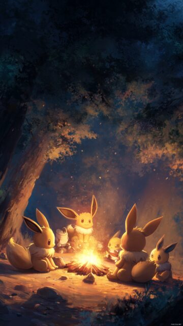 Pokemon Eevee Phone Wallpaper HD, A Detailed Illustration Of Eevee Sitting By A Campfire At Night, Illuminated By The Warm Glow And Surrounded By Friends