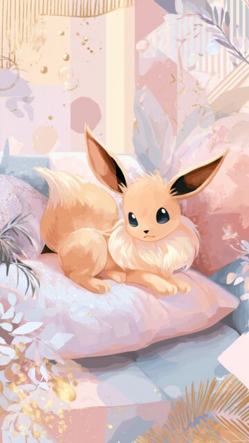Pokemon Eevee Phone Wallpaper Aesthetic, An Artistic Representation Of Eevee Lounging On A Pastel Cushion With Abstract Backgrounds And Elegant Patterns