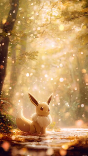 Pokemon Eevee Phone Wallpaper Aesthetic, A Dreamy Representation Of Eevee In A Forest Glade, Where Sunlight Filters Through The Leaves