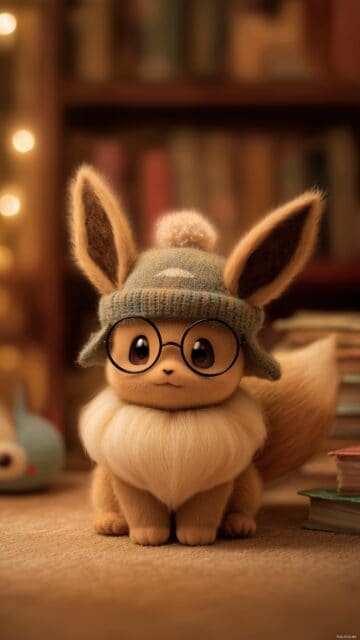 Pokemon Eevee Phone Wallpaper Cute, An Adorable Eevee Wearing A Tiny Hat And Glasses, Sitting In A Cozy Room Filled With Books And Toys