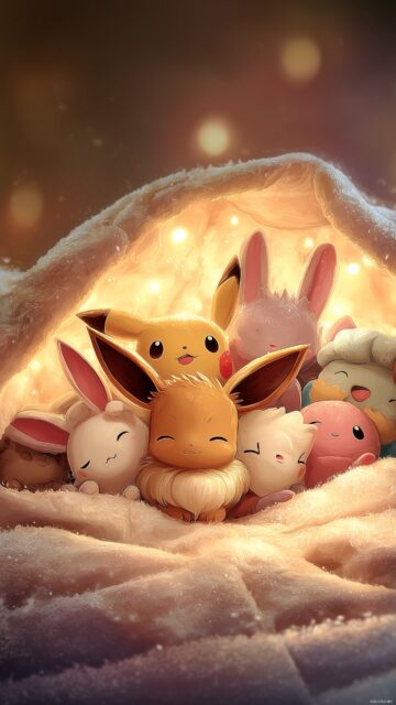 Pokemon Eevee Phone Wallpaper Cute, An Endearing Scene Of Eevee Snuggling With Other Pokemon Under A Blanket, Exuding Warmth And Friendship