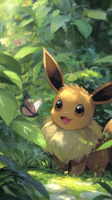 Pokemon Eevee Phone Wallpaper Cute, A Cheerful Eevee Playing With A Butterfly In A Lush Green Garden, Capturing A Sense Of Joy And Playfulness