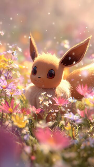 Pokemon Eevee Phone Wallpaper Free, A Playful Eevee Surrounded By Vibrant Flowers In A Sunny Meadow, Soft Colors And A Whimsical Vibe