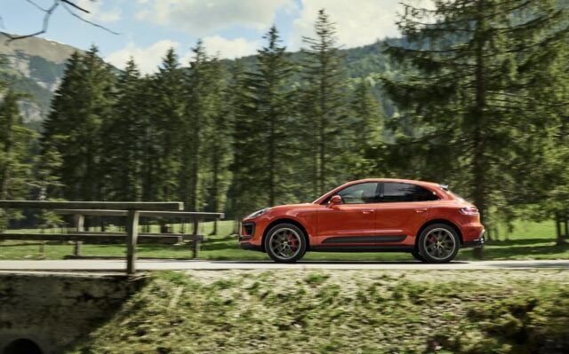 Porsche Macan Driving Through Scenic Forest Road High Quality Wallpapers