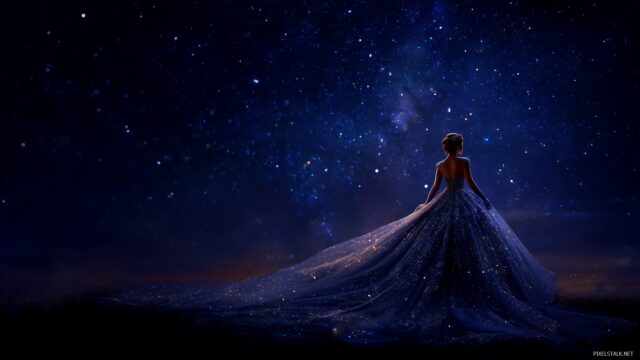 Princess Desktop HD Wallpaper Free Download, A Majestic Princess In A Sparkling Gown Under A Starry Night Sky