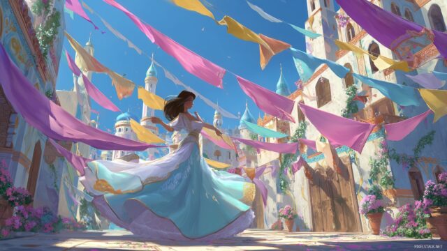 Princess Desktop Wallpaper Full HD, A Whimsical Princess Dancing In A Fairytale Castle With Vibrant Banners Fluttering In The Breeze