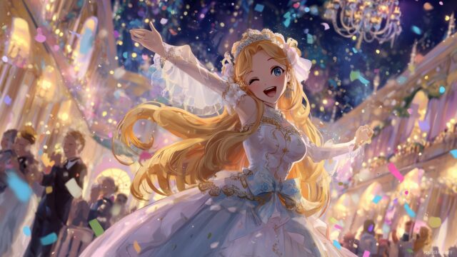 Princess Desktop Wallpaper Free Download, A Cheerful Princess Celebrating At A Grand Ball With Twinkling Lights And Laughter