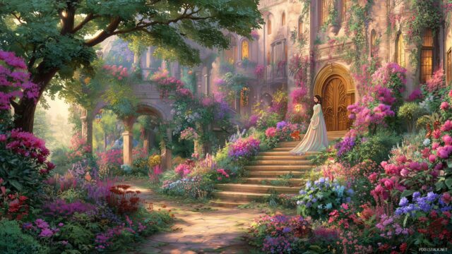 Princess HD Desktop Wallpaper, A Graceful Princess Exploring A Hidden Garden Filled With Vivid Flowers And Secret Pathways