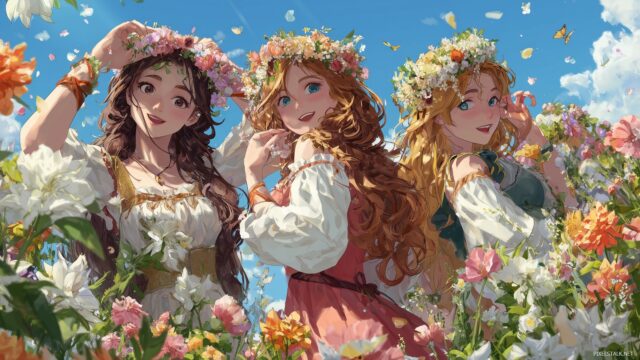 Princess HD Wallpaper For Desktop Computer, A Playful Princess Weaving Crowns Of Flowers With Her Friends Under A Blue Sky