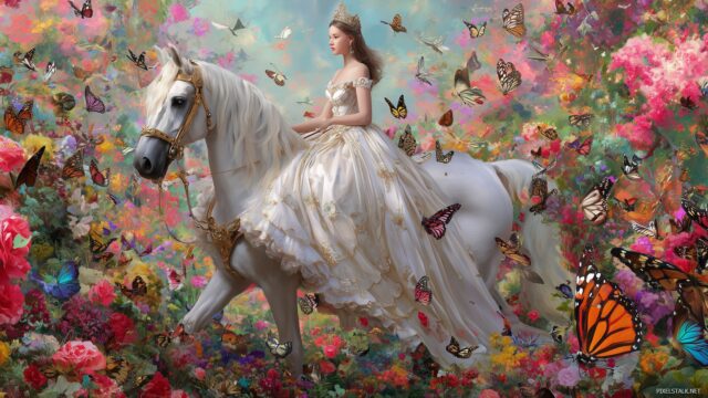 Princess HD Wallpaper For Mac, A Stunning Princess Riding A White Horse Through A Colorful Garden Filled With Butterflies