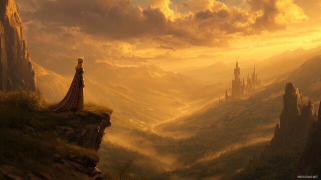 Princess Ultra HD Desktop Wallpaper, A Noble Princess Standing On A Cliff, Overlooking Her Kingdom Bathed In Golden Sunlight